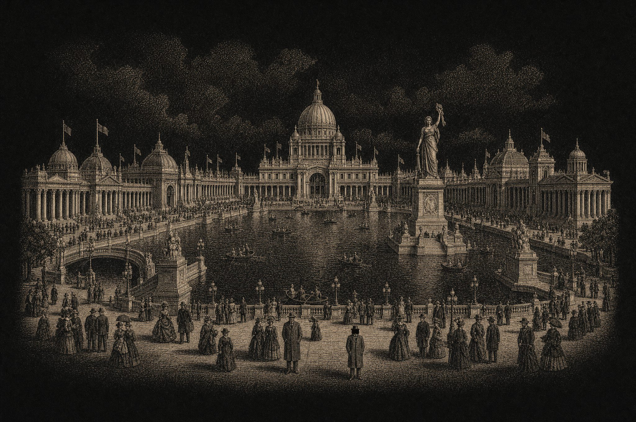 Engraving of the 1893 World's Fair in Chicago, with crowds around the lagoon.